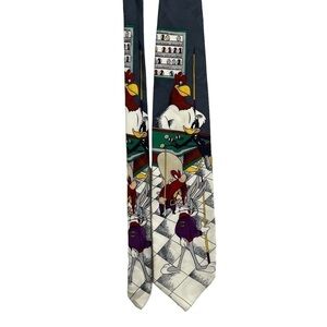 Vintage 1992 Looney Tunes Silk Tie Pool Billiards Bugs Bunny Foghorn Daffy Elmer